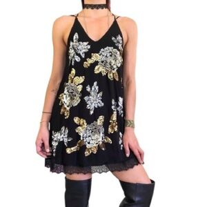 FREE PEOPLE Womens Small Black Floral Sequin Embroidered Whimsigoth Goth Dress
